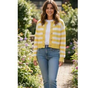 On 34Th Cardigan Sweater XXS Womens Yellow White Striped Long Sleeve Super Soft